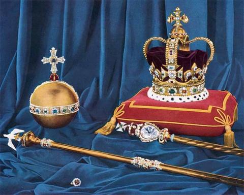 St Edward's Crown, and the sovereign's orb, scepters, and ring, in 1952. First color photograph ever published of the regalia. Source: Public domain