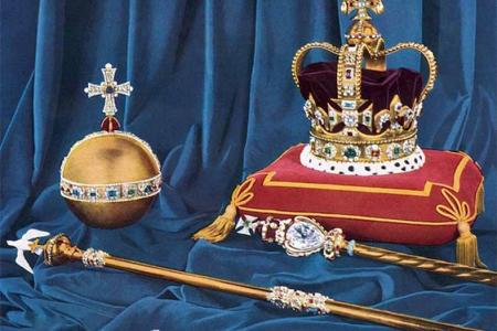 St Edward's Crown, and the sovereign's orb, scepters, and ring, in 1952. First color photograph ever published of the regalia. Source: Public domain